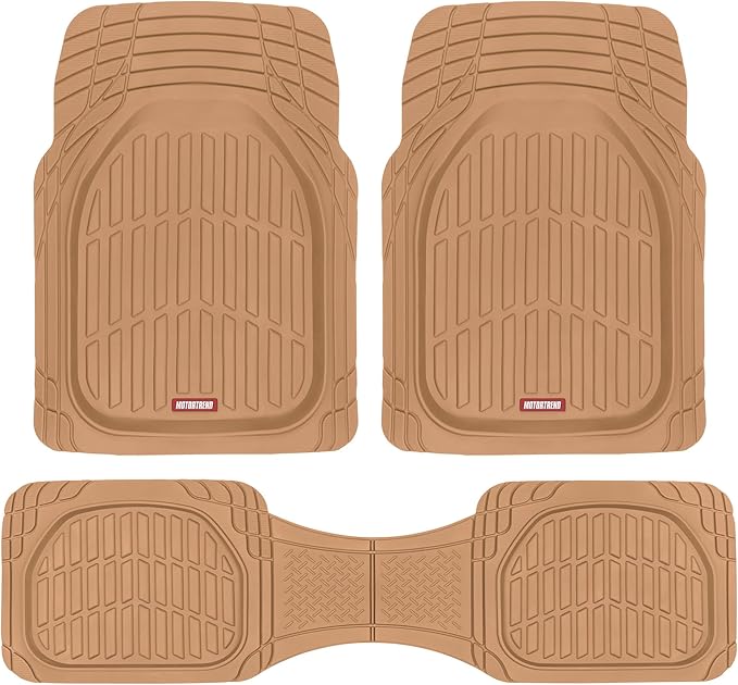 BDK Beige Heavy Duty Front & Rear Rubber Floor Mats Universal Liners for Car SUV Van & Truck, All Weather Protection with Anti-Slip Nibs, Fit Contours of Most Vehicles