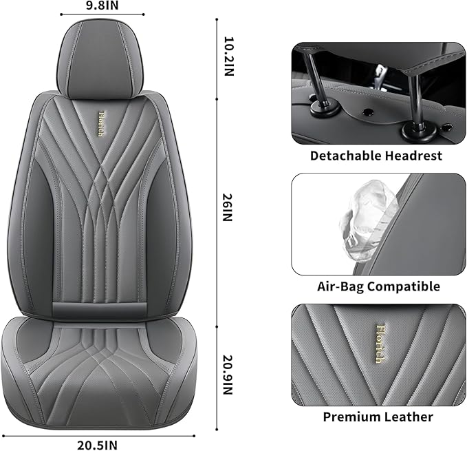 FLORICH Front Automotive Seat Covers, 2 Pcs Leather Seat Covers, Breathable Car Seat Covers, Waterproof Seat Cover, Gary Car Seat Cushion, Car Seat Protector Vehicle for Cars Sedan SUV Truck