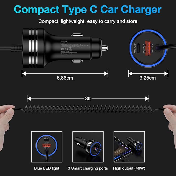 78W 3-Port Samsung Car Charger USB C Fast Charge for Samsung Galaxy S26 Ultra S26 Plus S25 FE S25 Edge S24 A17 A56 A36 A26 A16 A55 A35 A25 A15,Rapid Car Charger Adapter+Coild Type C Fast Charging Cord