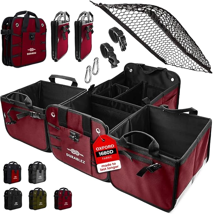 DURABLEZ 4-Section Trunk Organizer for SUV, Truck, Van, Sedan – Modular Extra Large Cargo Bin, Detachable Car Trunk Storage with Dividers, Collapsible Auto Organization System – Cherry