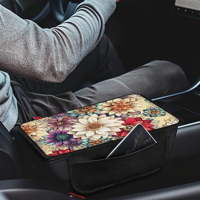 CLOHOMIN Colorful Dahlia Car Center Console Cover, Universal Arm Rest Center Console Storage Cover Flowers Auto Car Armrest Cover for Most Vehicles Automobile Accessories