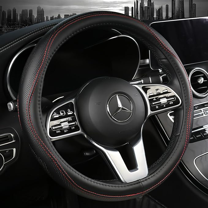 AEVEA Genuine Leather Steering Wheel Cover, Black Real Cowhide for 14.5-15 Inch Steering Wheels, Universal Fit for Cars and Trucks (BlackRed)