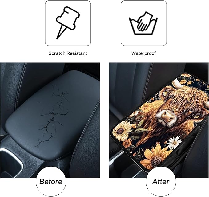 JANENFNA Car Armrest Cover Pads Universal Fashion Cute Auto Center Console Armrest Cover Pad with 2PCS Car Coasters Soft Waterproof Car Armrest Seat Protector for Women,Highland Cow with Flowera