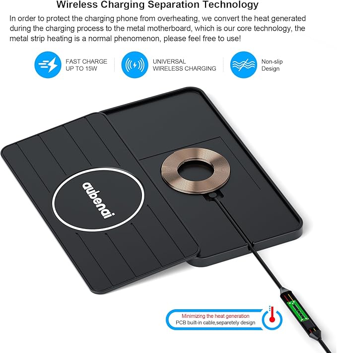 Wireless Car Charger Pad, 15W Fast Charging Pad with 70cm Extension Cable, Non Slip Car Wireless Phone Charger Mat Compatible with iPhone 16/15/14/13, AirPods, Samsung S25 S24(Extension USB-A)