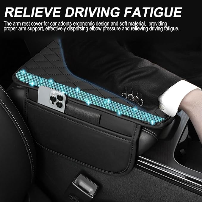 NBTEPEM Bling Car Center Console Cover, Leather Car Arm Rest Cover Cushion with 2 Storage Bags, Universal Auto Armrest Protector Storage Box, Bling Accessories Interior for Most Vehicles (Aquamarine)