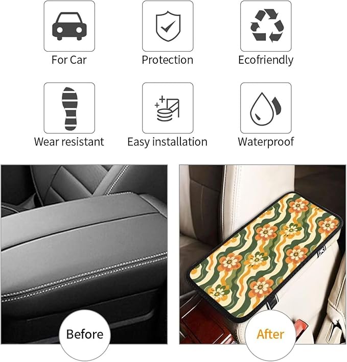 Boho Daisy Center Console Armrest Cover Hippie Car Center Console Pad Yellow Green Stripe Automotive Decor Accessories Arm Rest Seat Box Covers