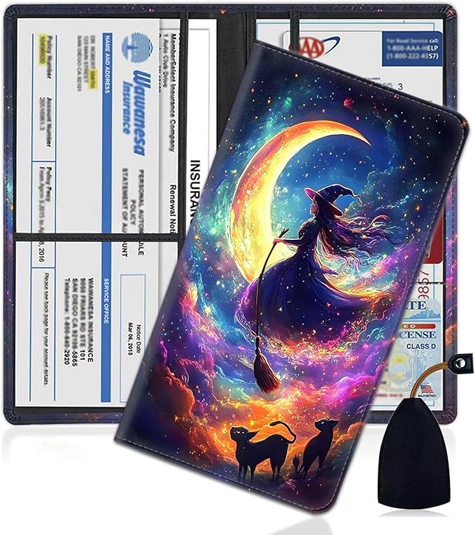 Car Registration Holder, PU Leather Vehicle Glove Box Organizer for Driver License, Document, Car Insurance Holder with Magnetic Shut, Auto Paperwork Wallet Case Accessories, Fantasy Witch Pattern