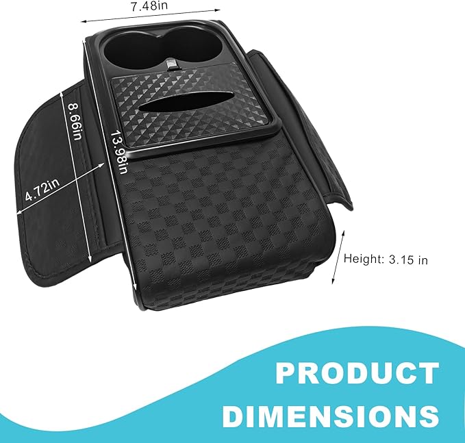 Car Center Console Cover, Ergonomic Leather Armrest Box Cushion with 3.1 Inch Height Boost, Soft Middle Console Pad with Cup Holder & 2 Storage Pockets for Sedan SUV Truck