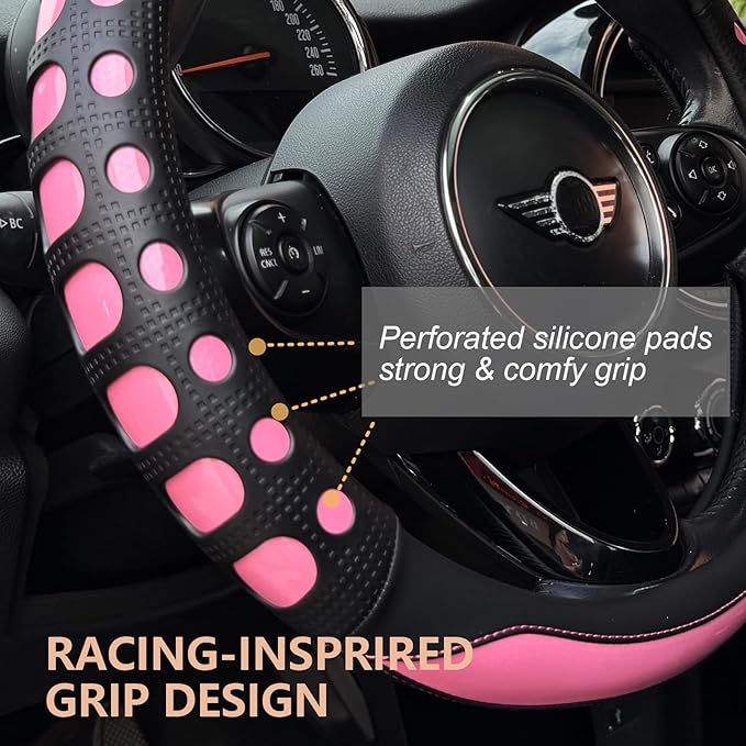 PINCTROT Large Size Race Grip Steering Wheel Cover, Anti-Slip Silicone Perforated Design with Soft Touch Padding, Enhanced Grip for Sporty Driving 15.5-15.75 Inch (Racing Pink)