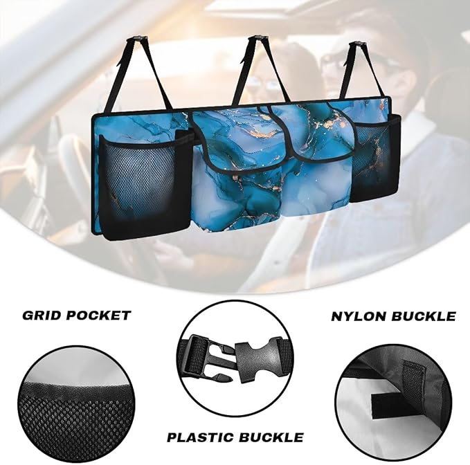 Car Trunk Organizer, Blue Marble Backseat Hanging Large Storage with Adjustable Straps & 4 Pockets, Waterproof Collapsible Cargo Bag, Car Interior Accessories