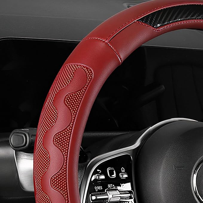 SEG Direct Car Steering Wheel Cover Medium Size 14 1/2"-15" Embossed Microfiber Leather with Carbon Fiber Pattern Red
