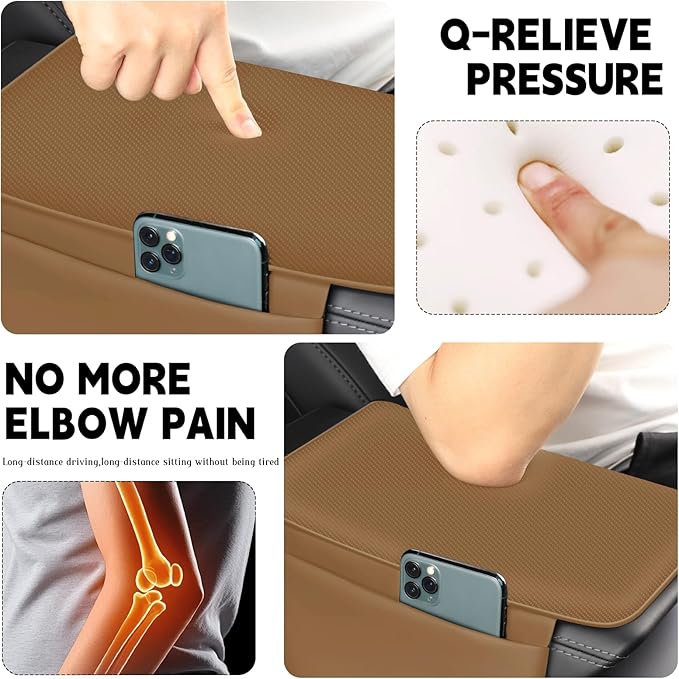 Car Armrest Cover Pad - Nappa Leather Car Center Console Cover with Breathable Holes, Non-Slip Auto Arm Rest Cushion, Universal Car Interior Accessories Fit forTesla Model Y Most Cars (Light Brown)