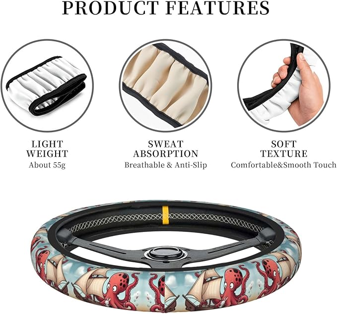 Rabbits-Pirate-Octopus Car Steering Wheel Cover, 15 Inch Steering Wheel Cover Stylish Decor for Most Cars
