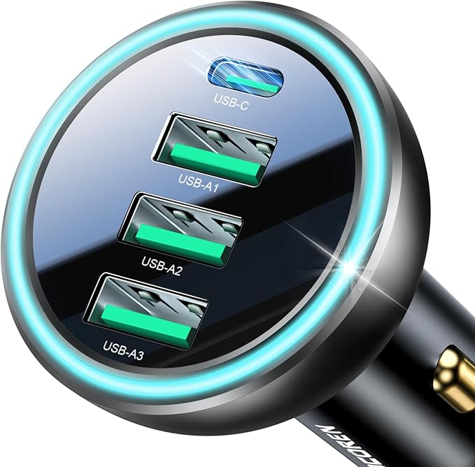 Rocoren 55W 4-Port Car Charger, PD3.0 QC3.0 Super Fast Charging USB C Car Charger for Multiple Devices, Cigarette Lighter Adapter for iPhone 17/16/15/14 Series, iPad Pro, Samsung S25/S24 Ultra, Pixel