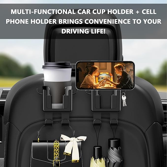 2PCS Multifunctional Car Cup Holder + Car Phone Holder + Car Purse Hook,Hanging Back Seat Car Organizer with Headrest Hooks,Universal Car Organizer Car Accessories Interior