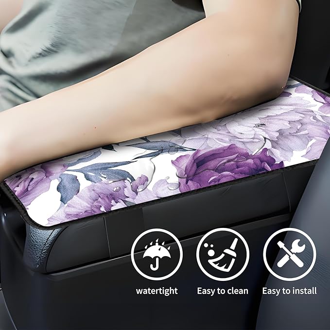 Car Center Console Cover, Universal Soft Large Neoprene Auto Armrest Seat Box Cover, Funny Car Decor Accessories Fit for Most Cars, Vehicles, SUVs Cute Purple Floral