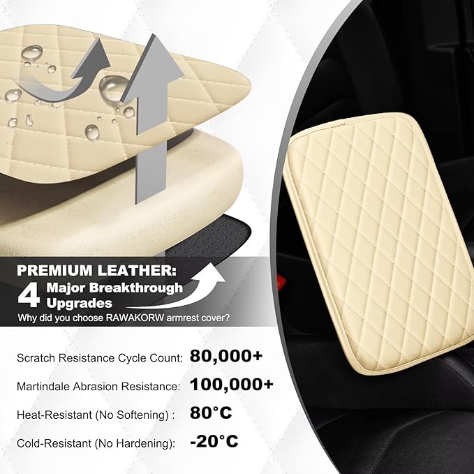 Upgraded Car Center Console Cover Fit for Highlander Faux Leather Car Armrest Cover Cushion with 2 Storage Bags,Car Armrest Storage Box Interior Accessories(Beige&Whiteline)