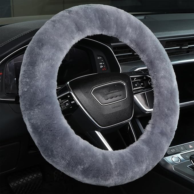 Fuzzy Wool Sheepskin car Steering Wheel Cover for Girls Women Men,Fluffy Soft Protector for Universal Steering Wheel 14 1/2-15 1/2inchs, Anti-Slip,Comforting Luxurious(Blue Grey)