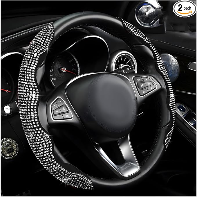 2 PCS Steering Wheel Cover, Segmented Car Wheel Covers with Crystal Rhinestones, Non-Slip Protector Bling Sparkly Decoration for Most Steering Wheels, Car Accessories (White)
