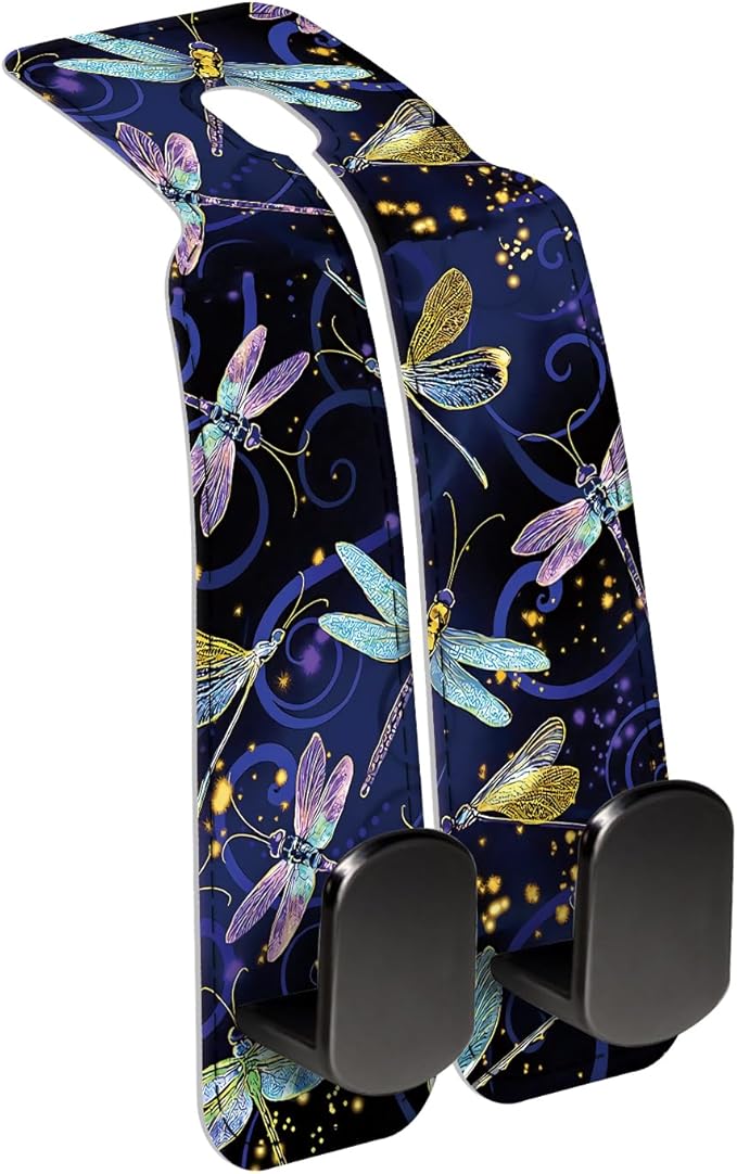 AXBSAKDI Car Seat Back Storage Headrest Hook, Premium Leather Double Metal Hook, Hanger Storage Organizer for Purse Cloth Bag, Car Interior Accessories Cute Colorful Dragonfly