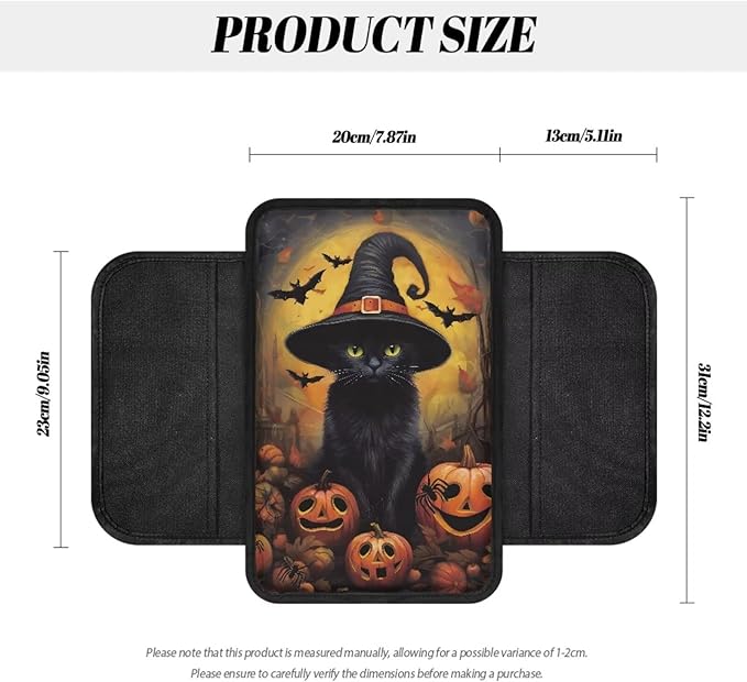 BIGCARJOB Halloween Armrest Cover for Cars Black Cat Print Car Armrest Cover Center Console Halloween Decorations Middle Console Cover Armrest Pad with Pocket