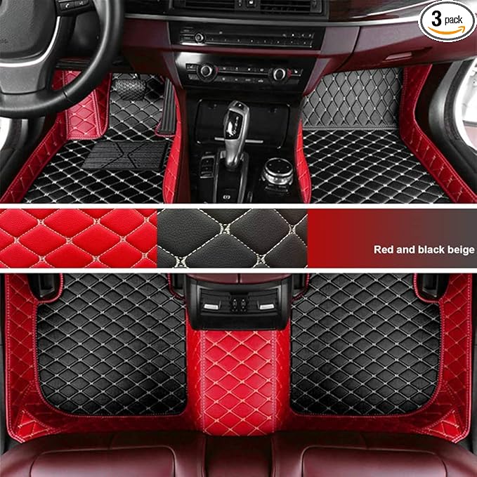 KaiLaiCarCustom Automotive Car Floor Mats for 99.99% Sedan SUV Sports Car Men Women Protection Full Coverage Pads Anti-Slip Leather Floor Lining… (Red Beige+Black Beige)