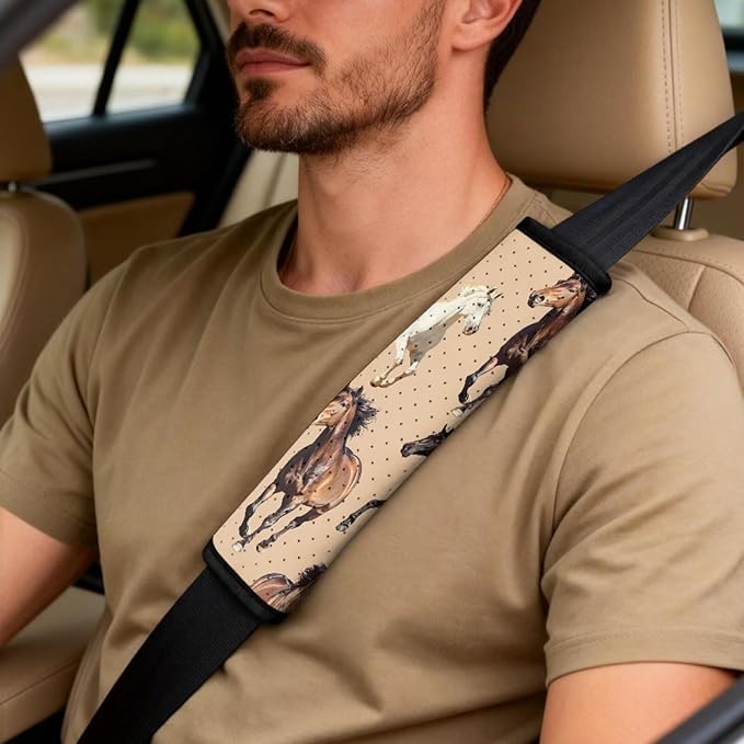 FUSURIRE Horse Pattern Car Seat Cover Set with Center Console Armrest Covers Cushion and Seat Belt Shoulder Straps Pad 5pcs PU Car Accessories for Truck Sedan SUV