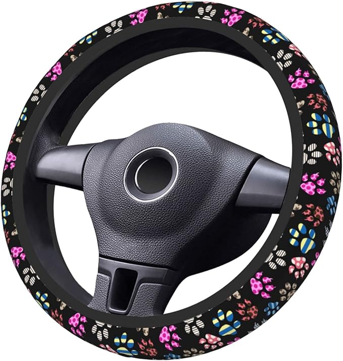 Dog Paw Print Steering Wheel Cover Anti-Slip,Sweat Absorption Universal 15 inch Steering Wheel Covers Cute car Accessories for Men Women