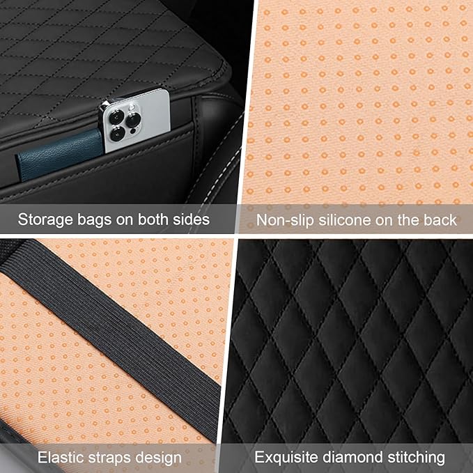 Car Center Console Cover, Upgraded Leather Armrest Seat Box Cover with 2 Storage Bags, Universal Waterproof Car Armrest Cushion Comfortable Accessories for Most Vehicles (Black)
