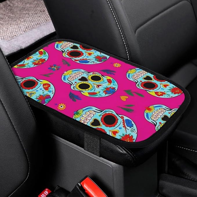 Center Console Cover Seat Box Cover, Auto Armrest Cover Protector Interior Accessories Decor Day Dead Mexican Sugar Skull Car Center Console Pad Fit for Vehicles