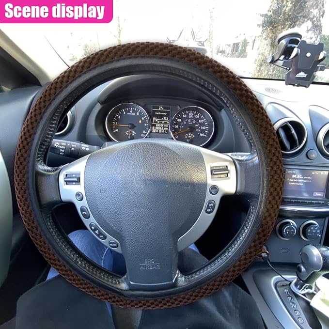 Elastic Stretch Steering Wheel Cover, Anti-Slip 15 inch Microfiber Odorless Breathable Ice Silk Car Steering Wheel Protector, Easy Carry, Warm in Winter & Cool in Summer (Coffee)