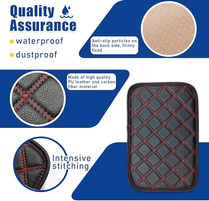 Ziciner Car Leather Center Console Cushion Pad, Comfortable Waterproof Armrest Seat Box Cover Protector, Auto Interior Protection Accessories, Universal for Most Vehivles, SUV,Truck (Black/Red Line B)