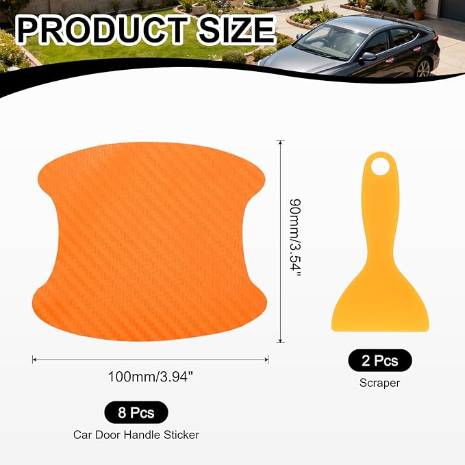 PATIKIL 3.54" x 3.94" Car Door Handle Sticker, 8Pcs Carbon Fiber Anti-Scratches Vehicle Door Cup Protector with Scraper Auto Door Handle Protective Film for Cars Trucks RV SUV, Orange