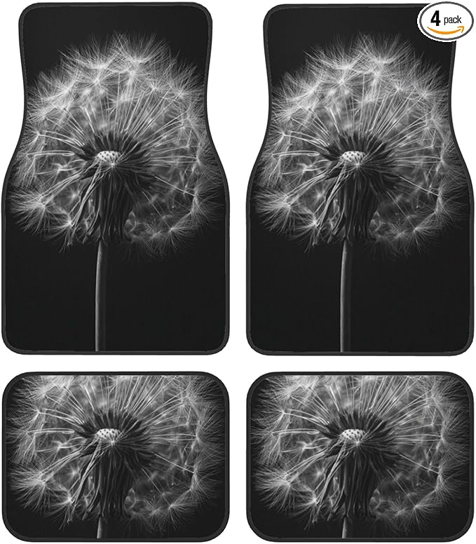 Black and White Dandelion Car Floor Mats,4 Piece, Car Rug Durable Anti-Slip Waterproof Trim to Fit Liner Universal Fit Auto,Sedan,SUV,Truck