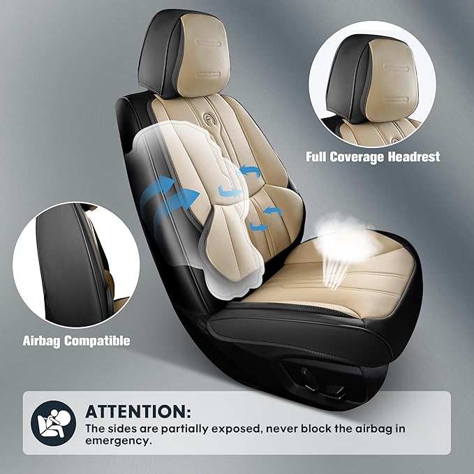 AOOG Car Seat Covers Full Set, Leather Seat Covers for Car, Waterproof Car Seat Protector with Lumbar Support, Automotive Seat Covers Universal Fit for Most Cars SUV Trucks (Full Set, Beige&Black)