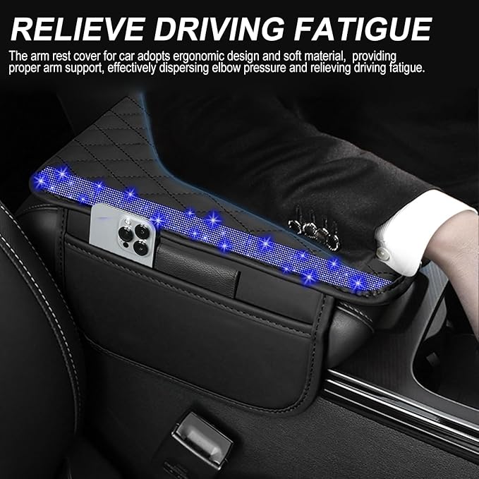 NBTEPEM Bling Car Center Console Cover, Leather Car Arm Rest Cover Cushion with 2 Storage Bags, Universal Automotive Armrest Protector Storage Box, Bling Accessories Interior for Most Vehicles (Blue)