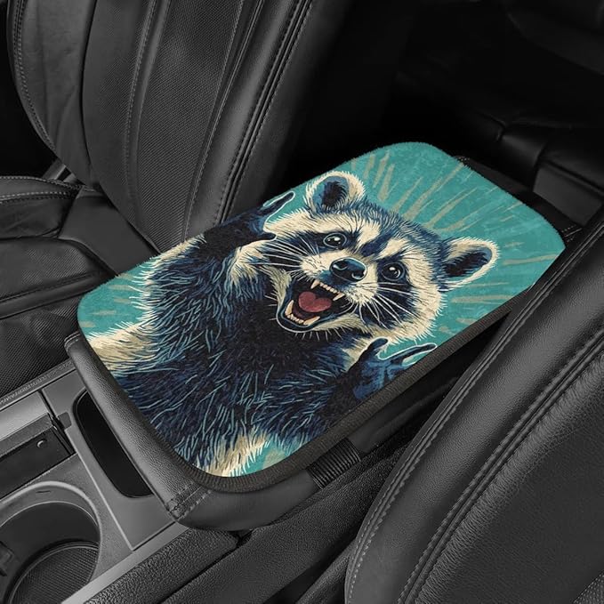 Funny Raccoon Center Console Cover Pad Car Blue Armrest Box Mat Truck Comfort Memory Foam Arm Rest Cushion Car Accessories Universal Fit 13x8 Inch
