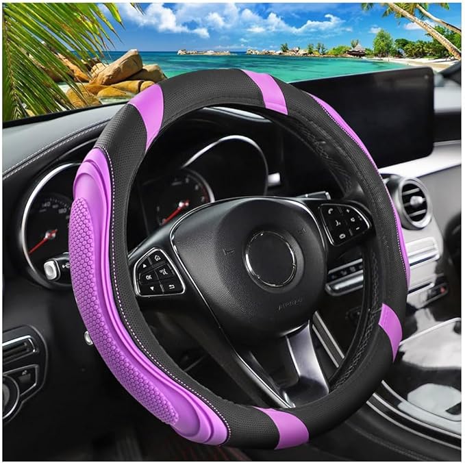 15 Inch Car Leather Steering Wheel Cover, Automotive Accessories Elastic Breathable Anti-Slip Soft Wheel Protector Fits Men and Women, Suitable for SUVs, Trucks, Vehicles and RVs (Purple)
