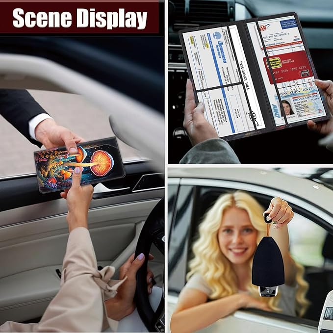 Car Registration and Insurance Holder, PU Leather Auto Document Holder for Men&Women, Vehicle Glove Box Compartment Organizer with Magnetic Shut for Driver's License, Colorful Mushrooms Pattern
