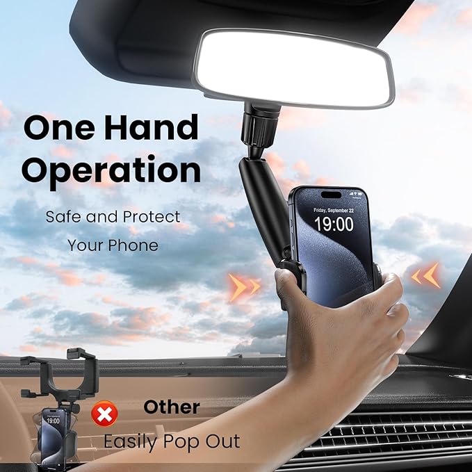 Phone Holders for Your Car, Rear View Mirror Phone Holder, 360° Rotating Car Phone Holder Mount Compatible with All 4"-7" iPhone and Android Cell Phones