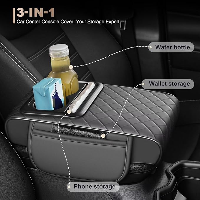 Center Console Cover Fit for RAV4 Faux Leather Car Armrest Cushion with Storage Bags, Cup Holder ＆ Phone Storage Multifunctional Middle Console Cover(Grey)