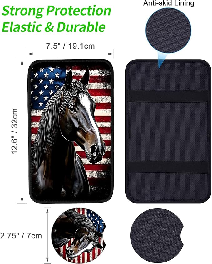 JANENFNA Car Armrest Cover Pads Universal Fashion Cute Auto Center Console Armrest Cover Pad with 2PCS Car Coasters Soft Waterproof Car Armrest Seat Protector for Women,Flag and Black Horse