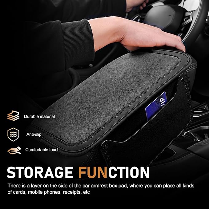 Upgraded Car Center Console Cover, Furry Soft & Comfortable Center Elbow Cushion with Two Side Storage Pockets, Luxury Leather Plush Armrest Pad Decoration, for Most Vehicles (Black)