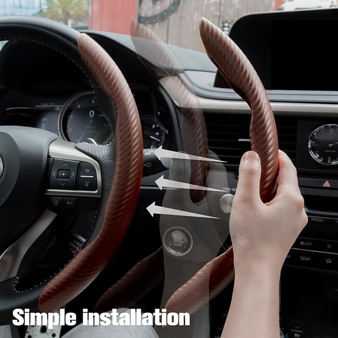 Amiss 2pcs Carbon Fiber Anti-Skid Steering Wheel Cover, Waterproof & Segmented Butterfly Design, Universal 99% Vehicle Wheel Cover Protector, Car Interior Accessories (Champagne)