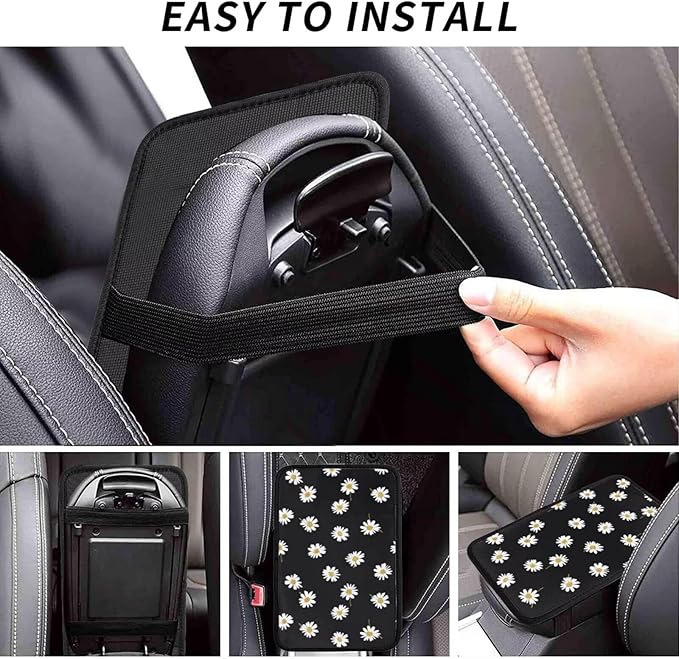 Floral Daisy Car Center Console Cushion Pad Cute Wildflower Armrest Box Cover Protector Black Comfortable Car Decor Accessories Fit for Most Cars, Vehicles, Sedans Vans Truck SUV