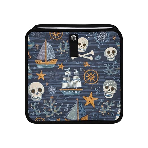 Car Trash Can Organizer Bin with Adjustable Strap for Back Front Seat Console Waterproof Leakproof Collapsible Portable 11 Inch Blue Pirate Skulls Sailboats Starfish and Compass