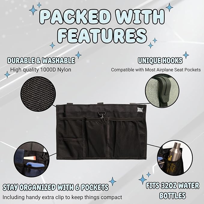 SKY STASH Airplane Seat Organizer to Clip onto Airplane Seat Pocket | Travel Essentials Accessory with Improved Universal Compatibility (15 x 9 Inches)