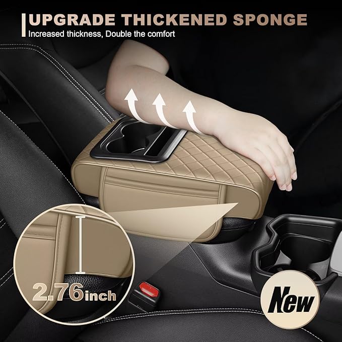 Center Console Cover Fit for Highlander Faux Leather Car Armrest Cushion with Storage Bags, Cup Holder ＆ Phone Storage Multifunctional Middle Console Cover(Beige)