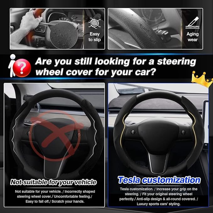 Shademax Custom-Fit for Tesla Steering Wheel Cover, Tesla Model Y 2020-2025 /Model 3 2017-2023Suede Steering Wheel Cover Protector, Non-Slip, Model Y/3 Accessories (Black)