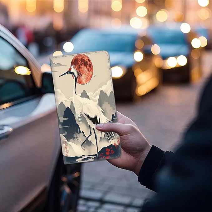 Car Registration and Insurance Card Holder for Women Men, Waterproof PU Leather Glove Box Car Organizer with Magnetic Shut, Vehicle Document Holder for Driver License,Cards, Watercolor Crane